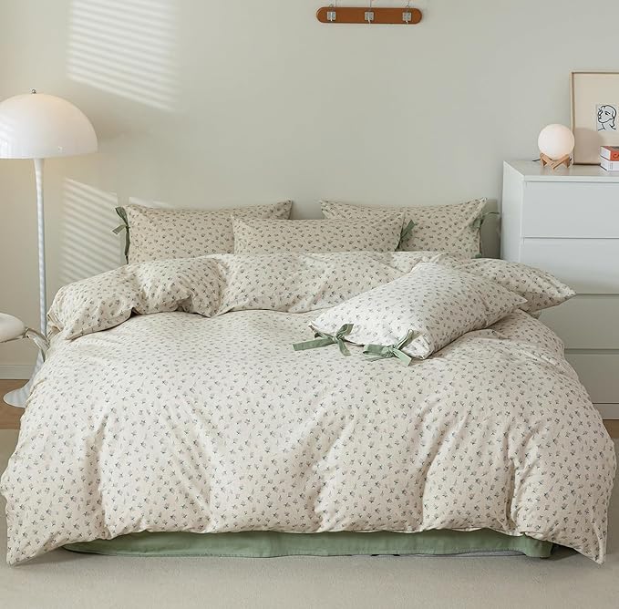 VM VOUGEMARKET Duvet Cover Set Queen 100% Cotton 3 Pcs Girls Green Blossom Flower Comforter Cover with Zipper Closure,Cottagecore Style Duvet Cover + 2 Pillowcases with Bowknot-90x90 Inch