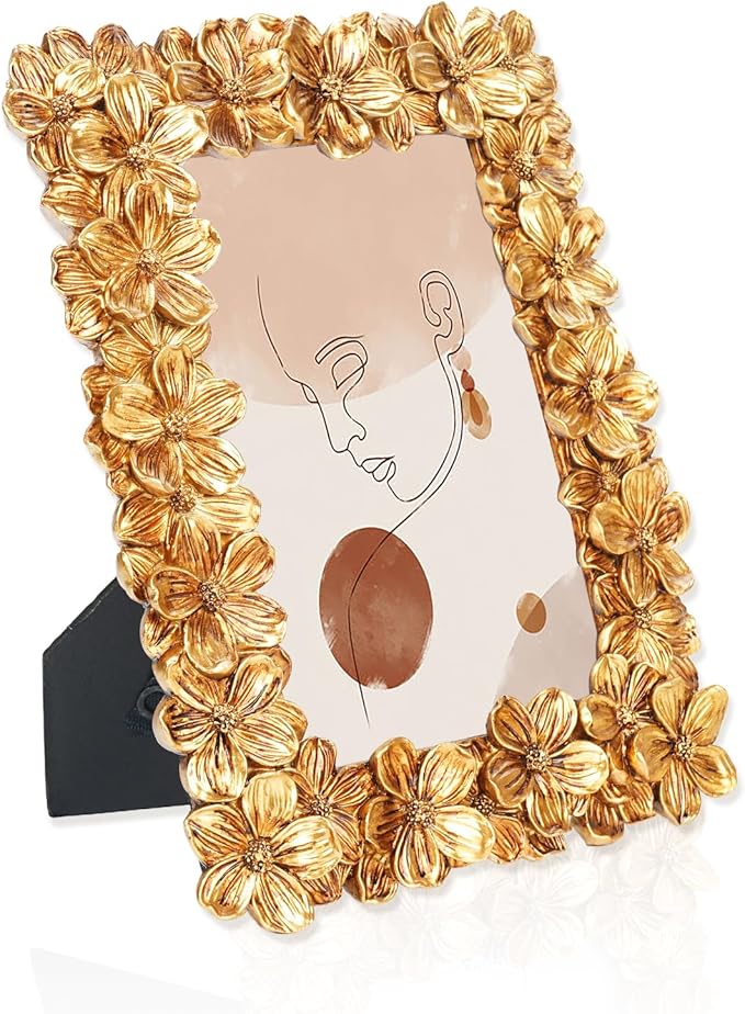Gold Picture Frames 5x7, Floral Vintage Carved Textured Hand-Crafted Photo Frame with Glass Front, Ornate Resin Picture Frame for Horizontal or Vertical Display, Retro Carving Flower Photo Frames Photo Gallery Art