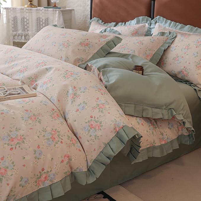LifeTB Romantic Ruffle Floral Duvet Cover Queen 3 Pieces Flower Duvet Cover Girls Floral Comforter Cover 100% Cotton Princess Lace Bedding Cover Cottagecore Flower Comforter Cover with 2 Pillowcases
