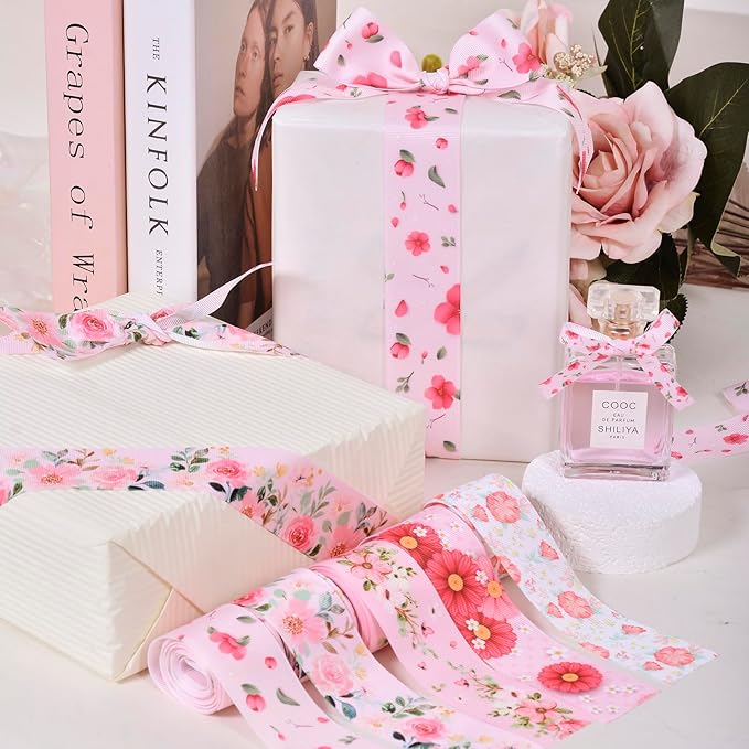 Floral Grosgrain Ribbon, 5 Rolls Flower Pattern Ribbon Spring Summer Fabric Decorative Craft Ribbon Roll for Gift Wrapping Decor Hair Bow Sewing Wreath Crafts (Pink Floral, 2.5Inch X 20Yards)