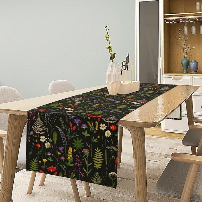 Rustic Field Table Runner, Vintage Farmhouse Natural Forest Wildflowers Plants Herb Print Kitchen Dining Table Decor Seasonal Home Decoration Indoor Outdoor Party, 13x70inch
