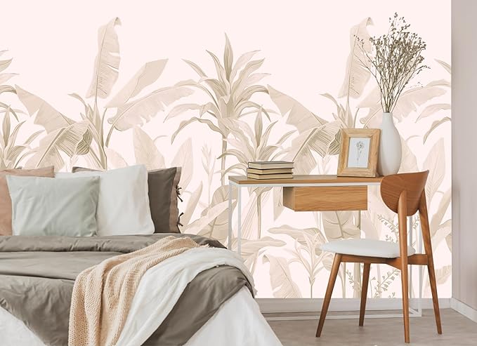 Tropical Botanical Wallpaper Beige Palm Leaves Wall Mural for Living Room Bedroom（Not Peel and Stick）