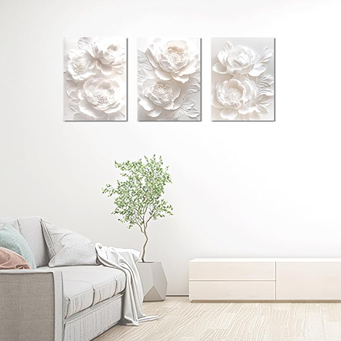Sepwrol White Flower Canvas Wall Art Modern Abstract Rose Blooming Floral Textured Printing Artwork for Home Bedroom Living Room Wall Decor, 12"x16" 3 Panel (White-2)