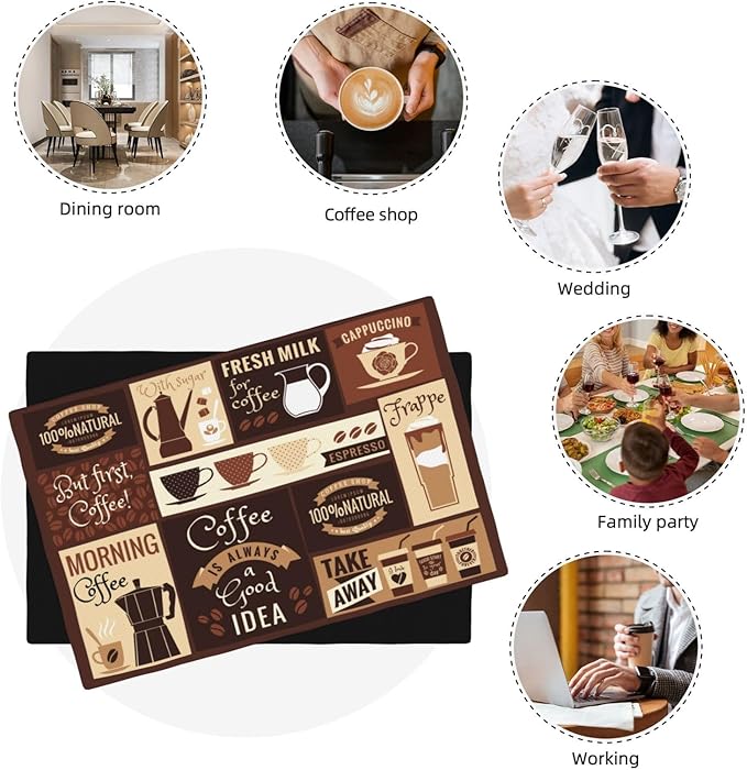 Coffee Table Placemats Set, Hot Mocha Latte Milk Typography on Scribble Backdrop, Set for Dining Table Decor 4 PCS, Cafe-2