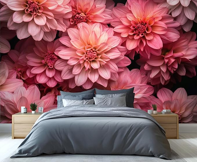 Pink Dahlia Floral Wall Mural, Blush Pink Dahlia 3D Wall Murals, Romantic Floral Wallpaper Mural, for Living Room Bedroom Large Wallpaper Indoor Decor 177.16" W x120 H