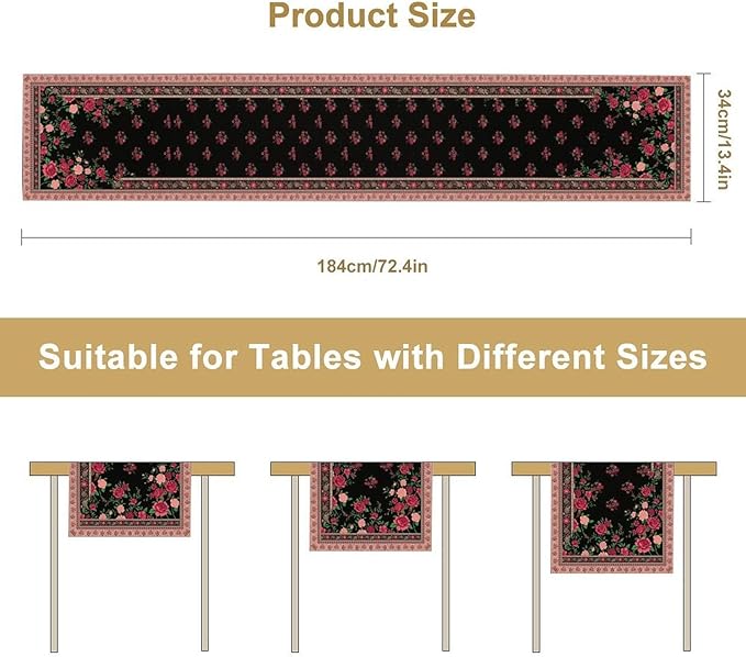 Romantic Rose Table Runner, Black Red Floral Blossoms Farmhouse Rustic Decor Table Runner for Kitchen Dining Home Party Wedding, 13x60 Inch