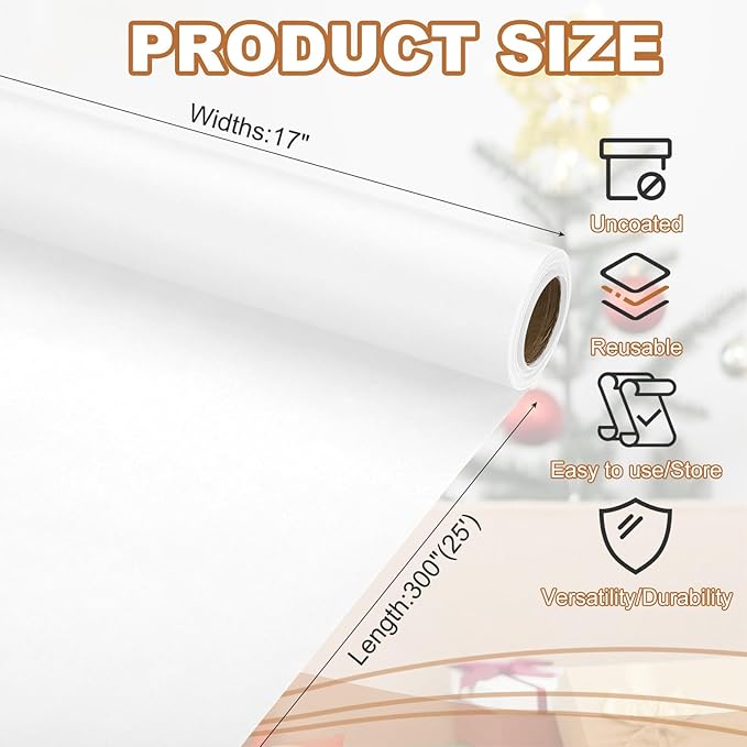 PATIKIL Wrapping Paper, 17" x 300"(25') 70 GSM Craft Paper Roll Kraft Packing Paper for Poster Bulletin Board, Gift Wrapping, White