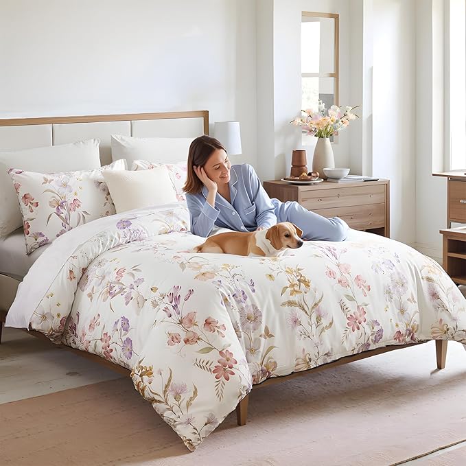 100% Cotton Duvet Cover Queen Size – Pastel Lavender Print Vintage Bedding Set with Zipper Closure, 3 Pieces Luxury & Silky Soft Comforter Cover for All Seasons