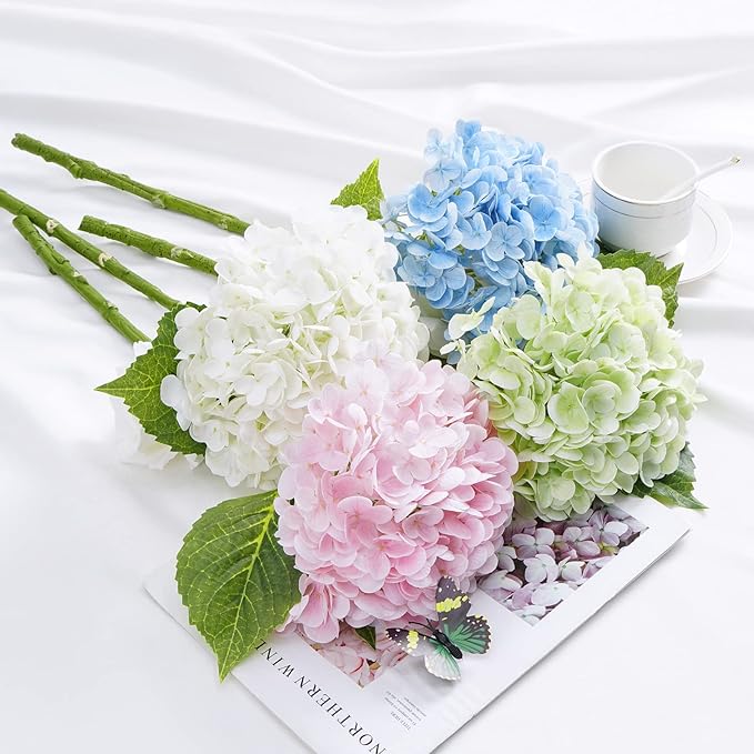 Waipfaru 21" Real Touch Blue Hydrangea Artificial Flowers with Long Stem & Leaves, Full Latex Faux Hydrangea Flowers for Home Decor Party Floral Arrangements Wedding Bouquets Centerpieces, 2Pcs