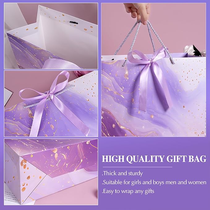Purple Gift Bags, 2PCS 13” Large Gift Bags with Tissue Paper and Greeting Cards, Gift Bag with Handles Bow for Women Girls, Purple Gift Bags for Birthday Wedding Bridal Baby Shower Anniversaries