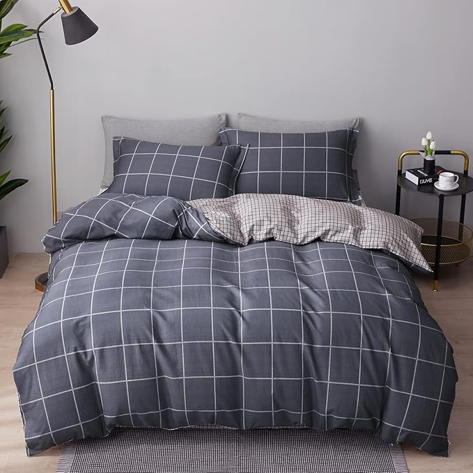 SAPHREAS Geometric Gray Plaid Duvet Cover Set Queen Size 3pcs Dark Grey Grid Cotton Bedding Comforter Cover Set 1 Duvet Cover 2 Pillow Shams
