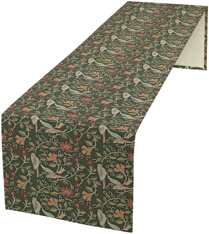 William Morris Table Runner, Vintage Boho Green Botanical Flowers Birds Tabletop Decoration for Kitchen Dining Indoor Outdoor Home Holiday Party, 13x36 Inch