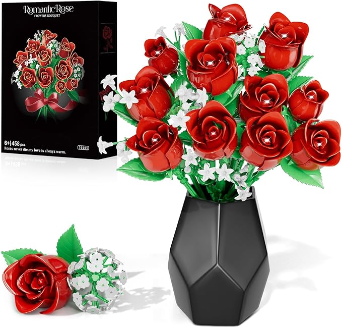 Flowers Bouquet Building Sets for Adults, for Her and Him Mother's Day Valentines Birthdays Gift, Botanical Collection DIY Rose Toy Kit, Home Office Decor