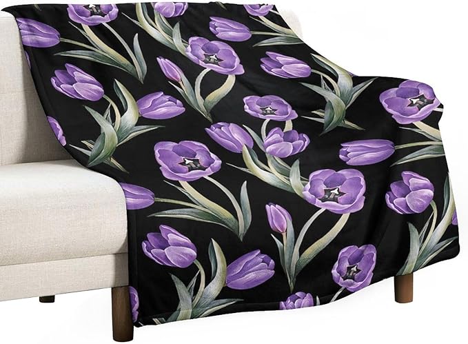 Purple Tulip Blanket Flower Gifts for Girls Women Tulip Floral Throw Blanket for Kids Adults Soft Warm Cozy Fleece Blanket for Couch Sofa Bed 40"x50"