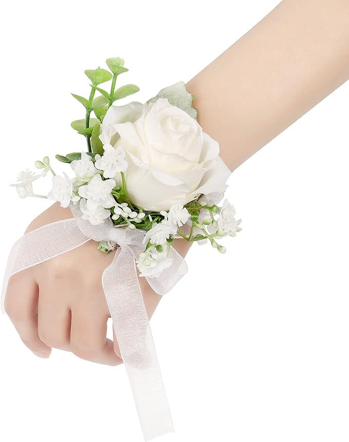 Ivory Rose Wrist Corsage and Men Boutonniere Set, Prom Flower Wrist Corsage Bracelets, Homecoming Corsage Wristlet for Wedding Accessories Prom Suit Decorations