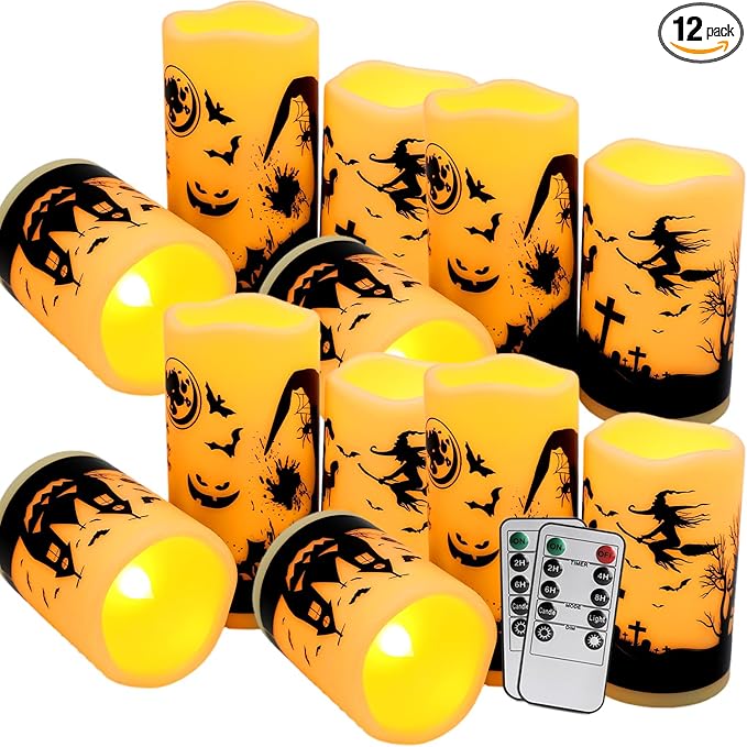12-Pack Halloween Ink Painting Large Electronic Waxes with Remote Control, Flameless LED Candles for Halloween Spooky, Halloween Ambient Sense Artifacts.