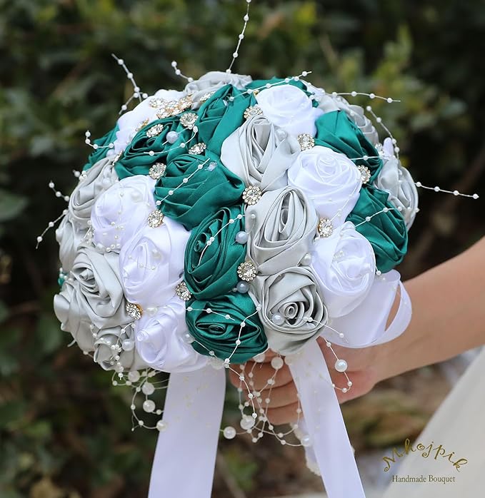 Bridal Wedding Bouquet Round Bling Brooch Bouquet Throw Toss Artificial Rose Flower Bunch for Bride Bridesmaid Wedding Quinceanera(Dark Green, Silver & White, 6.3")