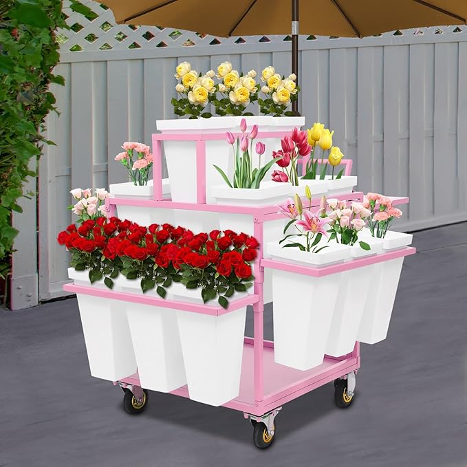 6-Tier Flower Display Stand Indoor Movable Flower Stand with 18 Buckets Plants Display Rack Cart with Wheels Metal Florist Bouquet Stand for Florist Patio Garden,23.62 * 23.62 * 36.61in (Pink)