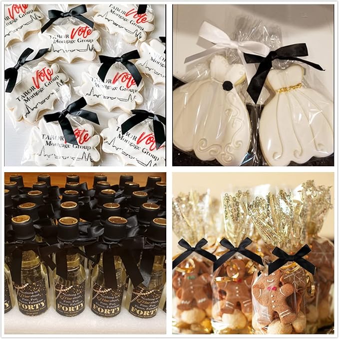50 PCS 3 Inch Black Twist Bows for Treat Bags, Satin Twist Tie Bows, Pre Tied Bows with Wire, Ribbon Bows with Twist Ties, Bow Ties for Gift Bags, Popcorn Bags, Cookie Bags, Party Favors