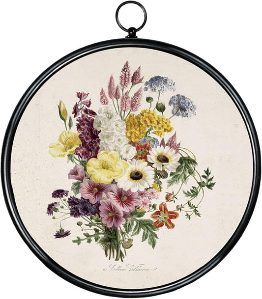 XIAOAIKA Round Vintage Wall Hanging Decor, Printed Textured Surface with Wood Back, Flower Bouquet Design, Black Metal Frame, Ready to Hang for Living Room Bedroom, 10 Inch