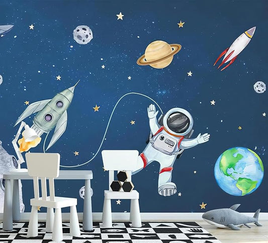 PYFFYP- Space Wallpaper Cartoon Planet Wallpaper murals for Nursery Kids Bedroom(Not Peel and Stick)