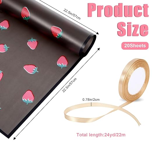 20 Sheets Bouquet Wrapping Paper, 22.4Inch Black Strawberry Pattern Flower Floral Wrapping Paper Black Floral Paper for Bouquets Kit, Waterproof Decorations with Ribbon for DIY Crafts Wedding Birthday Party