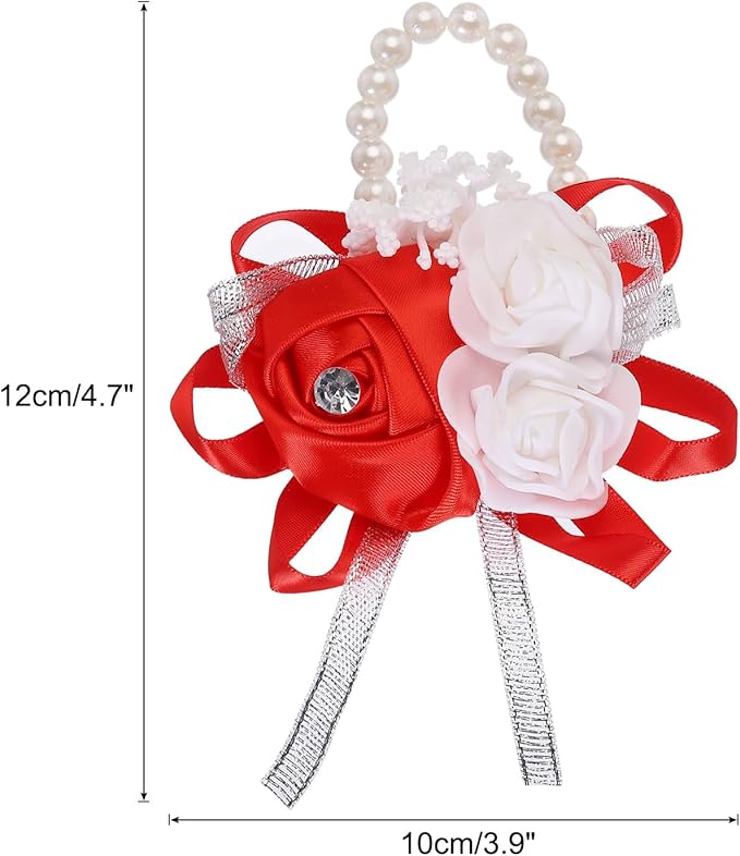 MECCANIXITY Wrist Corsage Artificial Flower Bracelets Rose Wrist Bride Groom Decorative for Wedding Ceremony Prom Party Anniversary Red