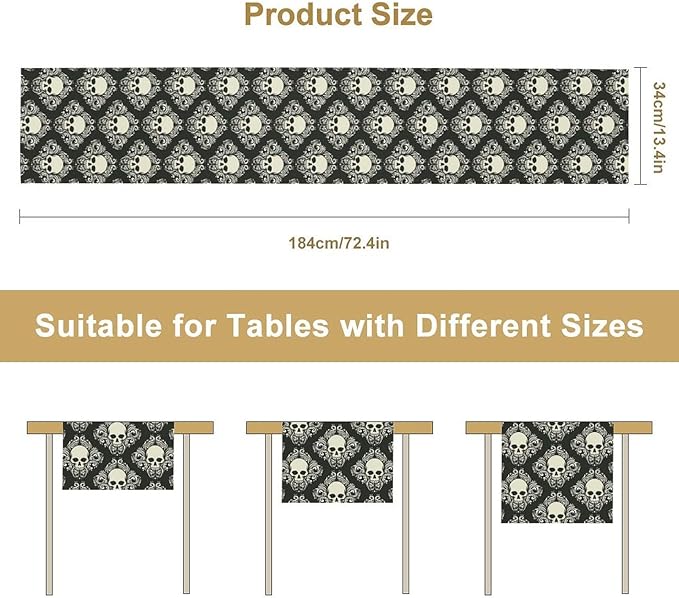 Gothic Table Runner,Dark Skull Pattern Table Runner for Home Kitchen Table Dining Garden Farmhouse Wedding Party Deco 13x60 Inch
