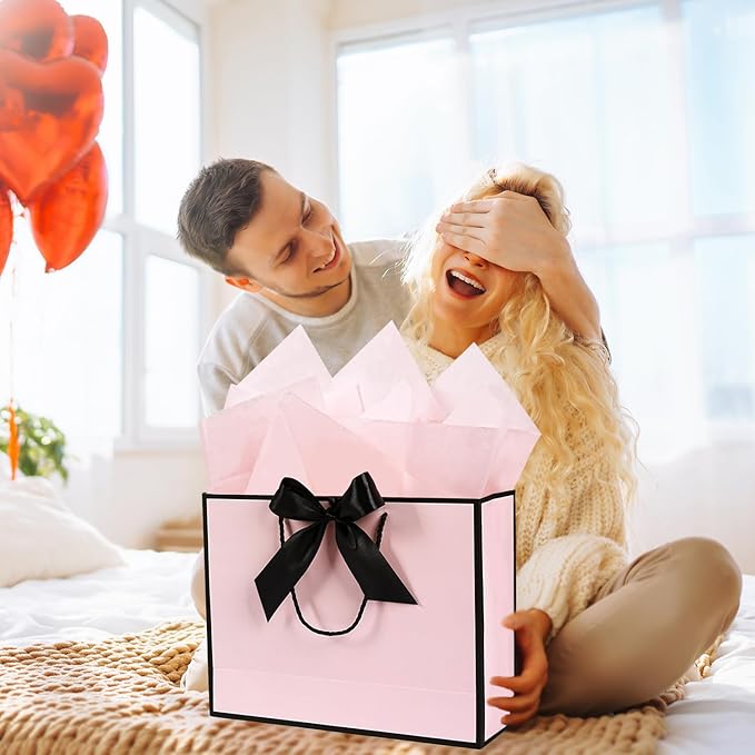 Pink Gift Bags 13”, 2 PCS Large Gift Bags with Handles for Girls Women, Portable Gift Bag Set with Tissue Paper Greeting Card and Bow Ribbon, Pink Paper Bags for Birthday Wedding Valentine's Day