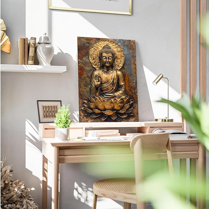 Buddha Wall Art Golden Buddha in Lotus Seat Serene spiritual statue radiant aura Meditation and mindfulness wall art suitable for sacred spaces 16x24in Frameless
