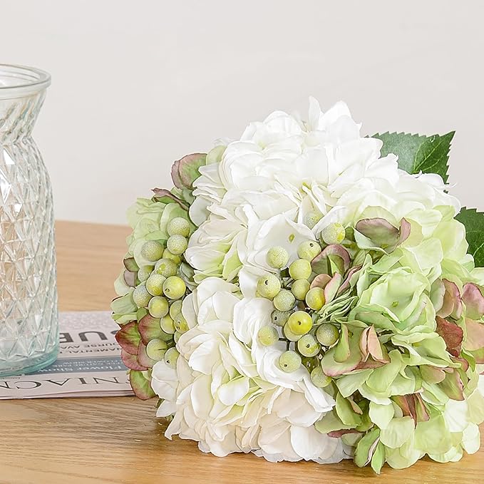 Wracra Hydrangeas Floral Arrangement in Glass Vase, Fake Flowers Silk Hydrangea Artificial Flowers with Vase for Home Office Decoration, Dining Table Centerpiece(Green)