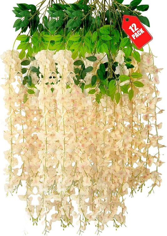 12 Pack Champagne Wisteria Hanging Flowers, 3.44 Ft Fake Hanging Flowers, Artificial Wisteria Garland Vines for Wedding Room Backdrop Outdoor Patio Garden Decoration