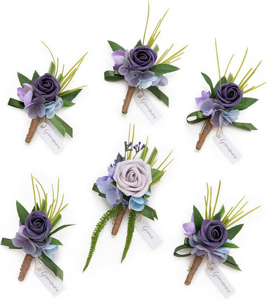 Ling's moment Boutonniere for Men, 6pcs Groom Groomsmen Boutonniere, Artificial Flowers for Wedding Decor/Prom/Homecoming, etc.Purple