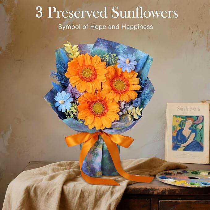 Forever Flowers for Delivery - Preserved Sunflowers Bouquet, Green Sunflowers That Last 3 Years, Eternal Flowers Bouquet for Her Mother Mom Wife Friends Birthday Gifts for Women, Starry Sky Blue