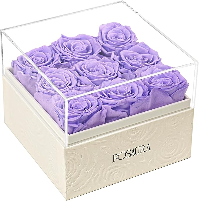 Rosaura Square Preserved Roses Gift Box - Real Forever Flowers in Clear Acrylic Lid, Valentine's for Women (Light Purple, 9 Roses)
