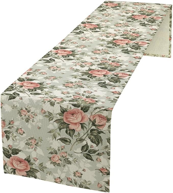 Rose Floral Table Runner, Green Pink Rose Leaf Classic Vintage Decorative Table Runner for Kitchen Dining Party Wedding Home Decor, 13x120 Inch