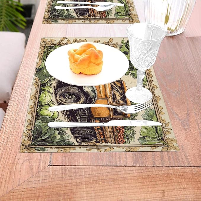 PVC Placemats Set of 4 Wipeable Table Mats Washable Heat Resistant Non Slip Vinyl Dining Table Mat for Kitchen Indoor Outdoor Patio Farmhouse Place Mats Retro Fall Truck Decorative