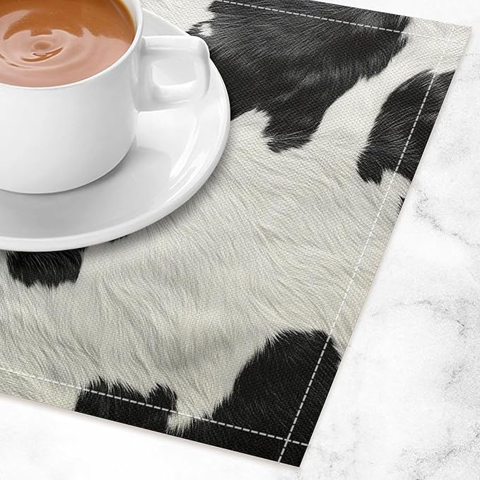 Cow Print Placemats Set of 4 Western Rustic Farmhouse Abstract Cowhide Print Art Printed Dining Table Mats for Restaurant Home Kitchen Holiday Decor 12x18in