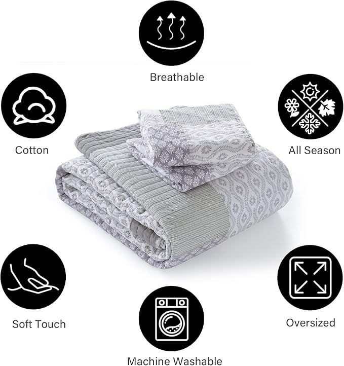 PANGUSHAN Quilt Set King Size, 100% Cotton Bedspread Quilt Bedding Set, Patchwork Reversible Floral Quilt for King Bed, Purple/Grey/White Bed Spread, Lightweight Comforter for All Season, 3 Pieces