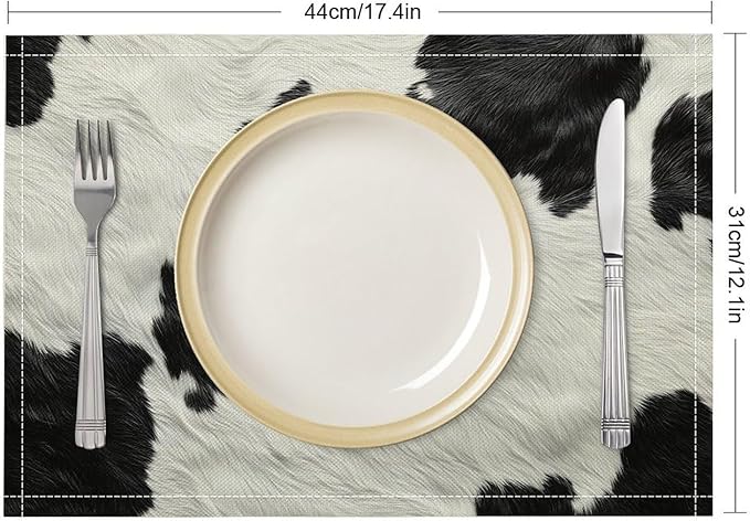 Cow Print Placemats Set of 4 Western Rustic Farmhouse Abstract Cowhide Print Art Printed Dining Table Mats for Restaurant Home Kitchen Holiday Decor 12x18in