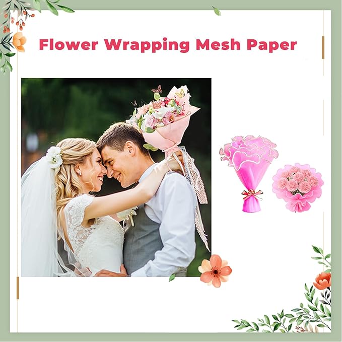 Cftone 4 Yards Pearl Edge Flower Wrapping Mesh Paper with 3/5 inch Organza Ribbon 50 Yard Gift Wrap Ribbon, Bouquet Transparent Mesh Wrapping Paper for Mother's Day Valentine's Day Wedding Graduation Birthday Gift (Pink with 50 Yard Pink Ribbon)