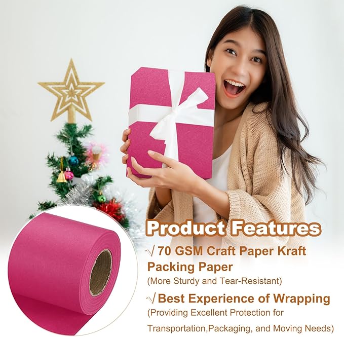 PATIKIL Wrapping Paper, 20" x 450"(37') 70 GSM Craft Paper Roll Kraft Packing Paper for Poster Bulletin Board, Gift Wrapping, Dark Pink