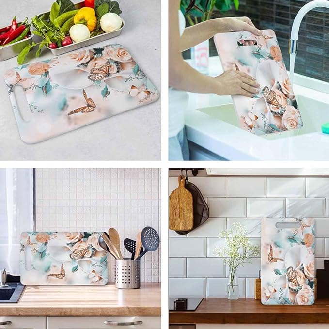 Butterfly Bouquet Cutting Boards Yellow Roses White Calla Lilies Cutting Boards Kitchen Chopping Board with Handles Non Slip Plastic 16 x 10 x 0.24 Inch