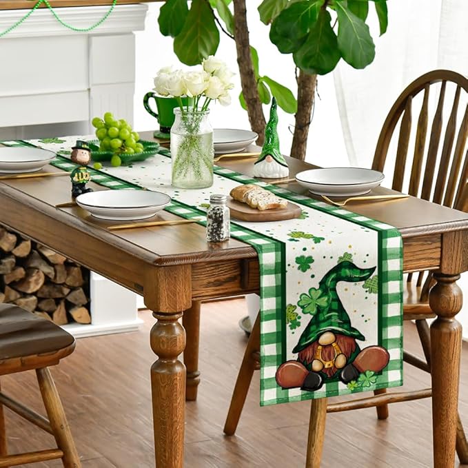 Artoid Mode Shamrock Lucky Buffalo Plaid Gnomes St. Patrick's Day Table Runner, Kitchen Dining Table Decor for Outdoor Home Party Decor 13 x 48 Inch