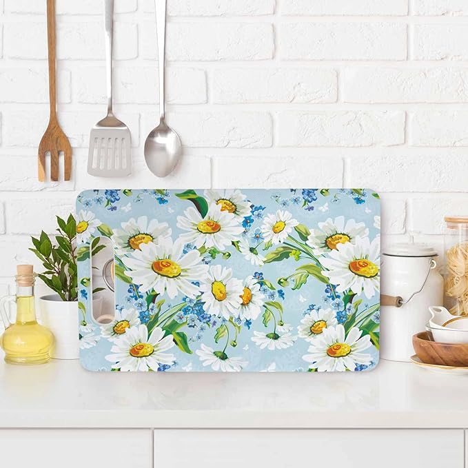 Bright Floral Cutting Board White Blue Flower Chrysanthemum Grip Handle Chopping Boards Cutting Board for Kitchen Plastic 16" x 10" x 0.24"