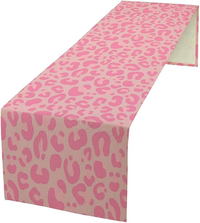Pink Leopard Print Table Runner, Vintage Animal Skin Farmhouse Cottage Country Western Wildlife Safari Dinner Runner for Kitchen Dining Table Party Holiday Decor 13x70in