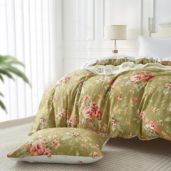 mixinni Duvet Cover Twin XL Size, Long Staple Cotton Reversible Floral Green Duvet Cover Set with Zipper Ties, 3 Pieces Botanical Pink Flowers and Green Branches Patterns Bedding Set