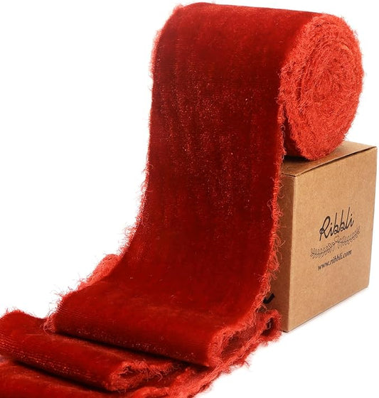 Ribbli Rust Red Velvet Ribbon 3 Inch Handmade Frayed Vintage Christmas Ribbon for Gift Wrapping Christmas Tree Ornament Wreath Craft Home Decor -3 Yards