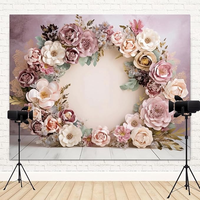 8x6ft Wedding Backdrop Purple Pink Floral Theme Photography Background White Flower Garland Green Leaves Bridal Shower Banner Decorations Girls Birthday Party Baby Portrait Photo Booth Prop