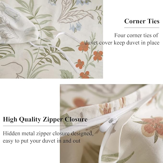 EAVD Fresh Botanical Floral Duvet Cover Full White Soft 100% Cotton Garden Botanical Bedding Set with 2 Pillowcases Vintage Style Gorgeous Floral Full Duvet Cover with Zipper Closure